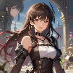 the portrait of chaotic neutral very colorful smiling female rogue assassin as unimaginably beautiful, gorgeous, elegant, realistic young anime girl, an ultrafine hyperdetailed illustration by kim jung gi, irakli nadar, detailed faces, intricate linework, octopath traveler, final fantasy, unreal engine 5 highly rendered, global illumination, radiant light, detailed and intricate environment