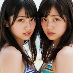 Worksafe.2000s,8K HD incredible movie shot,very close-up faces of two young beautiful gorgeous cute Japanese actresses supermodels J-Pop idol girls posing,wearing bikini bra.High budget Hollywood movie.At Behance and Instagram,taken with polaroid kodak portra.Photoshop,Adobe Lightroom,After Effects