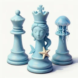 3 d printed queen chess piece, of the light blue holy water light, unusually unique beauty, swimming fish, small jellyfish, starfish, emotionally evoking symbolic metaphors, head in focus, fantasy, ornamental, intricate, elegant, sensual, highly detailed digital painting, artstation, concept art, painterly, golden ratio, sharp focus, isometric view, photorealistic, paper texture
