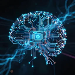 a neural network made of circuits, dark and luminescent, with a hint of electricity in the background.
