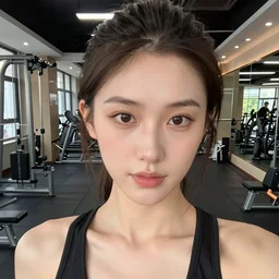 female influencer face in gym instagram selfie photo staring at camera mona lisa face with curly hair in gym # gym # photography # beauty