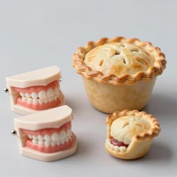 a set of false teeth eating a pot pie, hyper realistic, photography, 3 5 mm