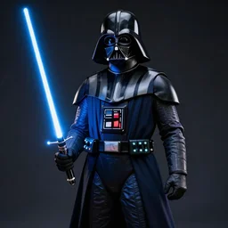 A dark blue Darth Vader suit, movie accurate, holding a blue lightsaber, realism, 4k, dark background with studio lighting, 3d,