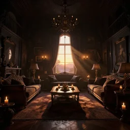 videogame screenshot of a very dark dreamy luxury cottagecore maximalist living room, candlelight, sunset glow, dark shadows, god rays, chiaroscuro, backlit, octane render, volumetric lighting, raytracing, symmetrical wide shot low angle