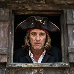 russell crowe with large pirate hat peering out concerned down to camera from a small window in a wooden wall, nancy pelosi spitting