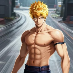 handsome saitama, half body shot, path traced, fight scene, highly detailed, high quality, digital painting