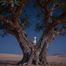 very very small goat, sitting on a gigantic banyan tree in moonlit socotra island by ilya kuvshinov, starry night, rtx rendering, octane render 1 2 8 k, maya, extreme high intricate details by tom bagshaw, medium shot, close up shot, composition by sana takeda, lighting by greg rutkowski, stranger things