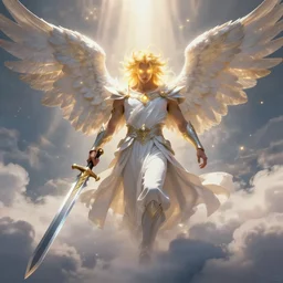 male Solar winged angel warrior from DnD descending from the clouds. Glowing golden eyes and flowing hair, wearing white robes and vambraces. Wielding a large sword in his right hand. Dramatic lighting and cloud with godrays shining down. high quality DnD illustration, trending on ArtStation