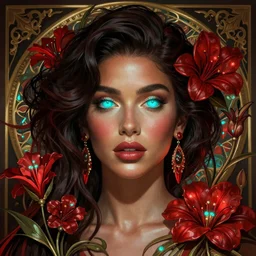 mia khalifa as darna, wax figure, glowing eyes, volumetric lights, red and cyan theme, art nouveau botanicals, intricate, highly detailed, neo classical overall aesthetics digital painting, artstation, concept art, smooth, sharp focus, cinematic, illustration, beautiful face, art by artgerm and greg rutkowski and alphonse mucha