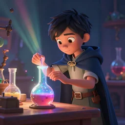 a young boy mage with a cloak is standing at his desk working on a experiment, bubbling potions, colorful, light rays, medium shot, waist up, pixar and disney animation, sharp, rendered in unreal engine 5, by greg rutkowski and makoto shinkai, bloom, dramatic lighting, cinematic