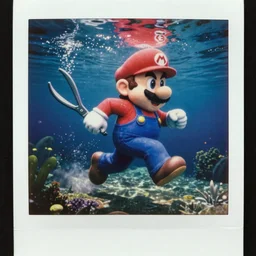super mario running with scissors underwater, grainy polaroid,
