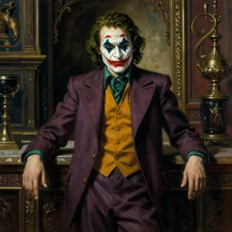 realistic renaissance full figure portrait painting of willem dafoe as lee bermejo joker in a dim light intrincate room, jodhpurs greg manchess painting by sargent and leyendecker, studio ghibli, medium shot asymmetrical intricate elegant illustration hearthstone, by cristian sauret