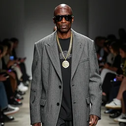 musical artist mf doom wearing martin margiela high fashion clothes on runway, fashion photoshoot, 4 k
