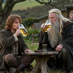 frodo ( [ [ elijah wood ] ] ) and galadriel ( [ [ cate blanchett ] ] ) and gandalf ( [ [ ian mckellen ] ] ) are drinking beer in the new hobbit movie