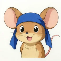 it's an anime drawing by akira toriyama, it depicts a small cartoon mouse with a japanese - esque headband and long, pointy ears, smiling happily.