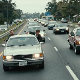 A car chase down a busy highway, cinematic, action packed, imax, michael bay movie