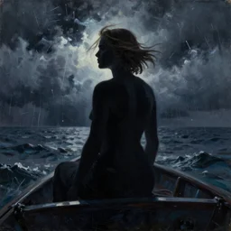 silhouette of Elle Fanning on a boat, stormy weather, extremely detailed masterpiece, oil on canvas, low-key neon lighting, artstation, Blade Runner 2049, Roger Deakin’s cinematography, by J. C. Leyendecker and Peter Paul Rubens,