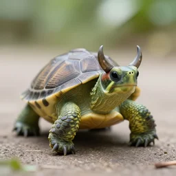 a turtle with horns, 2 0 0 mm, f / 2. 8, bokeh, 8 k, high quality
