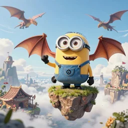 Minion dragon tamer on a floating skyland, tavern on the background, dragons flying in the sky
