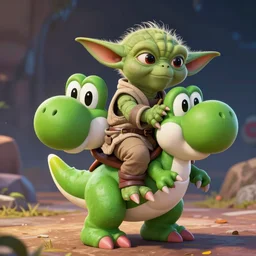 yoda riding on yoshi's back, yoshi from nintendo, yoda from star wars, yoshi with yoda on his back 9 9 9 9 9 9