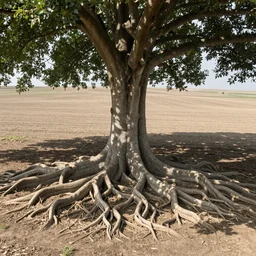 A flat field with a massive tree in the middle. The trees massive shadows cast's over the entire field. Root's from the tree are large and thick. Other worldly, high saturation.