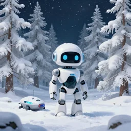 a small glossy white cybernetic robot stands on the snowy ground in a forest of white fir trees at night. a!!! spaceship!!! is next to the robot. snowing. cyril roland naomi okubo. trending on artstation. digital painting.