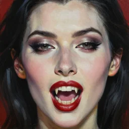 close up face of a beautiful female VAMPIRE portrait, FANGS!, oil on canvas, artgerm, norman rockwell, craig mulins, trending on pxiv,