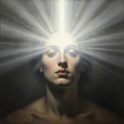 painting portrait of a person with a bright light beam emanating rays of light and totally covering their head, matte painting, masterpiece, by Caravaggio, desaturated, cosmic horror, calm, serene, dangerous background