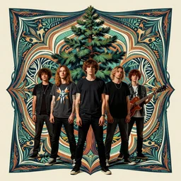 five piece rock band poster, pine tree, psychedelic intricate highly detailed symmetrical, cinematic movie screen printing poster colorful and vivid pattern, by Artgerm, Darius Zawadzki, James Jean and Moebius, Artstation trending