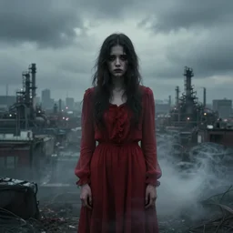 mysterious sad rotten girl wrapped in smoke and a red dress is observing a big industrial city metropoli in the distance, cloudy sky, requiem for a dream