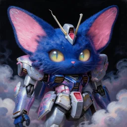 a baroque neoclassicist renaissance close - up portrait of a deep blue and pink iridescent whimsical 1 8 0 0 s japanese mecha gundam butterfly cat with big glowing eyes. reflective detailed textures. puffy clouds, dark black background. highly detailed fantasy science fiction painting by moebius, norman rockwell, frank frazetta, and syd mead. rich colors, high contrast. artstation