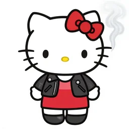 hello kitty smoking, wearing a skirt and a leather jacket