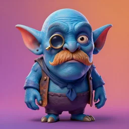 a highly detailed painted 3 d model of a blue wrinkled goblin merchant with a mustache and a monocle : 1 | centered, colorful, matte background : 0. 9 | by james gurney : 1. 2 | unreal engine, deviantart, artstation, octane, finalrender, zbrush, keyshot, concept art, hd, 8 k resolution : 0. 8