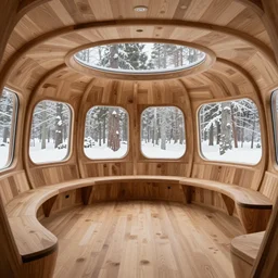 the interior of a 1 4 0 0 s space ship carved out of wood, designed by eero saarinen, trees and snow visible through the windows