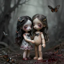 ektachrome portrait beautiful jointed wooden art doll, super dollfie, holding each other, abandoned, moths, sadness, grimes, tim walker, art by wenjun lin, artem chebokha, alena aenami, ian llanas, ethereal, soft light, dark art, macabre, nightmares, horror, blood, harpers bazaar art
