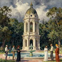 neoclassical tower with dome on the forest next to a fountain. intricate, amazing composition, colorful watercolor, by ruan jia, by maxfield parrish, by marc simonetti, by hikari shimoda, by robert hubert, by zhang kechun, illustration, gloomy