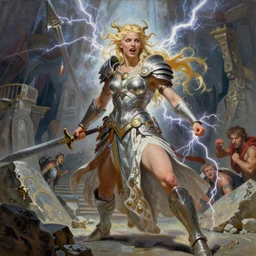 A mixed media painting of the beautiful blonde goddess of war infused with lightning, very aesthetic, curves, detailed face, elven armor, by Frank Frazetta, Greg Rutkowski, Boris Vallejo, Beeple, Yoko Taro, Christian MacNevin, epic fantasy character art, goddess of anger, viking runes, high fantasy, CGsociety, full length, exquisite detail, post-processing, masterpiece, cinematic, odin's stone arena background