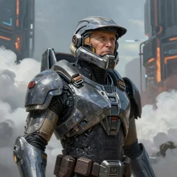 ultra realist and ultra intricate detailed soft painting of a sci-fi armored joe biden, from the waist up, sci-fi helmet, mass effect style, volumetric clouds, cyberpunk burning building background, by Paul lehr, artstation, unreal render, depth of field