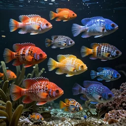 highly detailed photo of colorful aquatic life under water, 3 d render, dark background, hyper realistic, concept art, 8 k detail post - processing