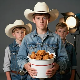 studio portrait photo still of 3 0 year old burt reynolds!!!!!!!! at age 3 0 3 0 years old 3 0 years of age!!!!!!! wearing a cowboy hat holding a bucket of fried chicken, 8 k, 8 5 mm f 1. 8, studio lighting, rim light, right side key light