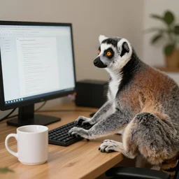 a lemur working on a pc, desk with a mug on it