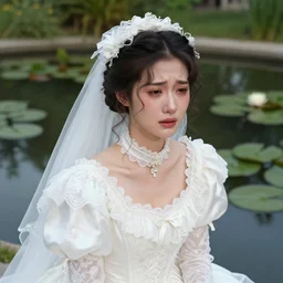 detailed studio portrait of a young victorian lady crying with a long cute beautiful wedding dress in a beautiful victorian water pond, water lilies, high quality by jeremy mann, only one head single portrait