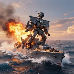 breaking apart crashing damaged and on fire mecha battleship sailing alone on a stormy sea at sunset,large waves, explosions, battletech, octane render , cinematic