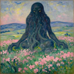 a georges seurat painting of a massive cthulhu in a large field with rolling hills and pink flowers