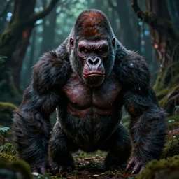5 5 mm portrait photo of a demonic undead gorilla looking at the camera, in a magical forest, dark atmosphere, art by greg rutkowski and luis royo, highly detailed, 8 k, intricate, lifelike, soft light