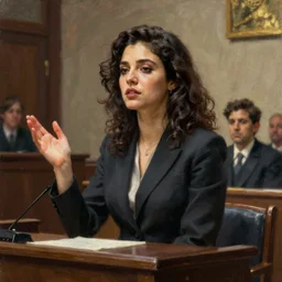 a portrait painting of ambie heard telling lies on the witness stand in court
