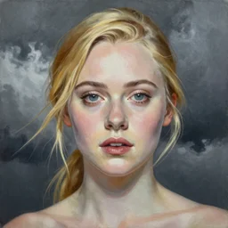 professional painting of Elle Fanning in the style of Jacek Malczewski, head and shoulders portrait, symmetrical facial features, smooth, sharp focus, illustration, intricate, stormy weather, extremely detailed masterpiece,
