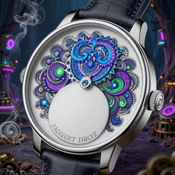 Jaquet Droz, Tomer Hanuka, smooth liquid metal with detailed line work, Mandelblub fractal, Exquisite detail, blue neon details, purple neon details, green neon details, white ceramic shapes, hyper detailed, intricate illustration, golden ratio, steampunk, smoke, neon lights, steampunk forest background, liquid polished metal, by peter mohrbacher trending on artstation, photo realistic, octane render