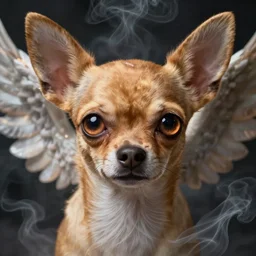 deer chihuahua huge ominous glowing brown eyes staring into my soul, perfect eyes, soft pale golden skin, intricate stunning highly detailed, Agostino Arrivabene, Tomasz Strzalkowski, twisted bright lucid dream, 8k portrait render, angel wings, swirling thick smoke , beautiful lighting, dark fantasy art, cgsociety