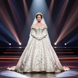 Queen Victoria's wedding dress designed Givenchy, stage lighrt, award winning fashion photo